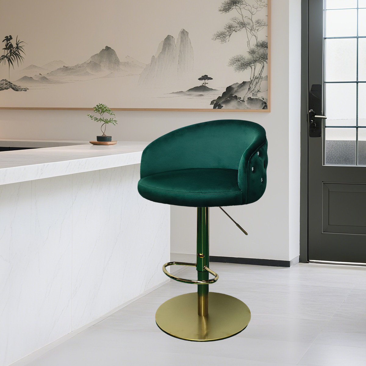 Sgabello da bar regolabile in velluto verde moderno con schienale trapuntato e base d'oro