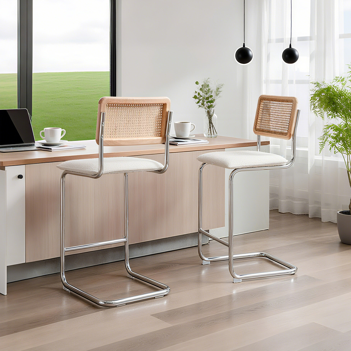 Sgabello da bar del boucle posteriore rattan con base a sbalzo cromata-sedia da banco moderna di metà secolo