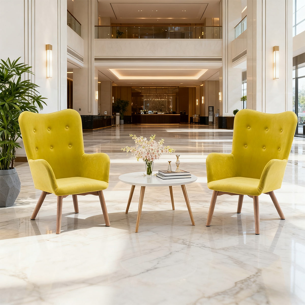Poltrona moderna con accenti in velluto giallo - Sedia per il tempo libero capitonné con schienale alare con gambe e braccioli in legno per soggiorno, camera da letto o ufficio