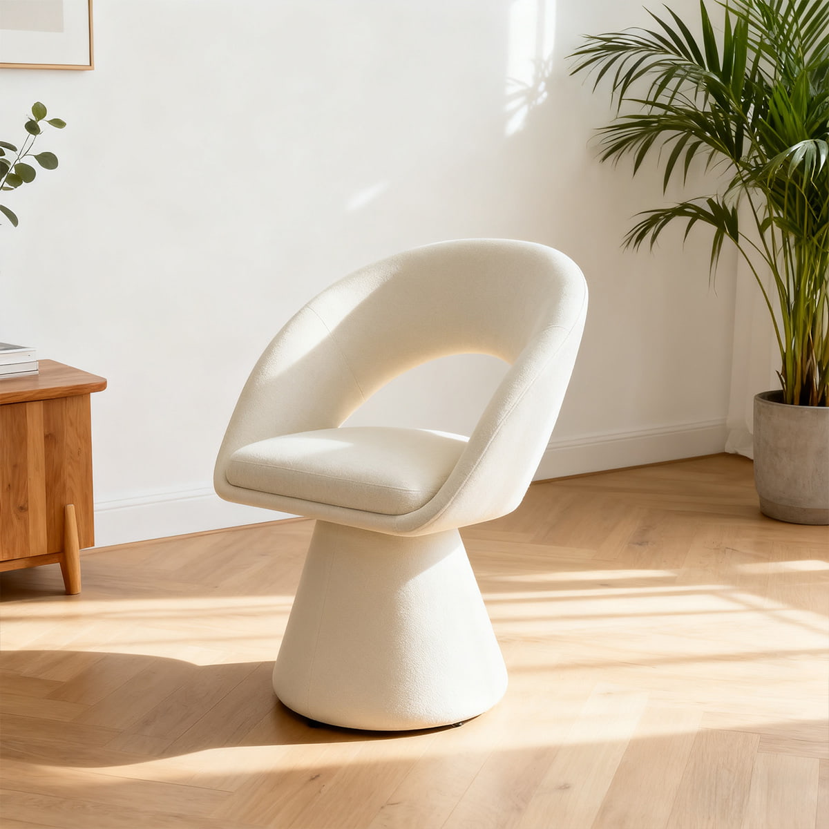 Sedia girevole dal design moderno curvo con accenti in velluto bianco crema – Sedia imbottita da pranzo e per il tempo libero girevole a 360° con schienale cavo